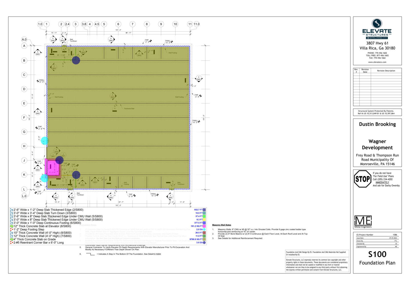 Concrete slab, footing and foundation wall measurements on storage building sheet S100