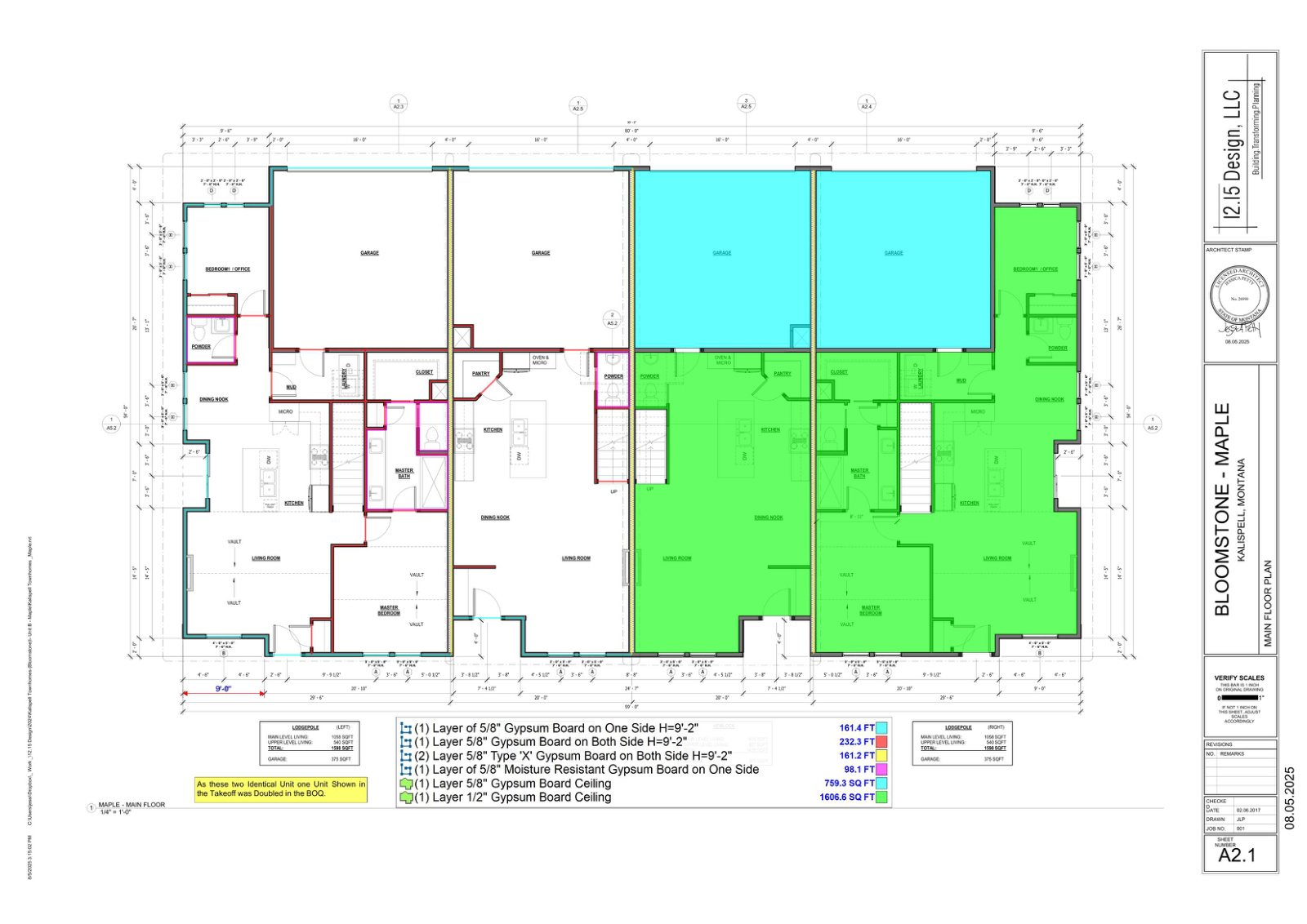 Drywall wall and ceiling takeoff on Bloomstone townhome plan A2.1