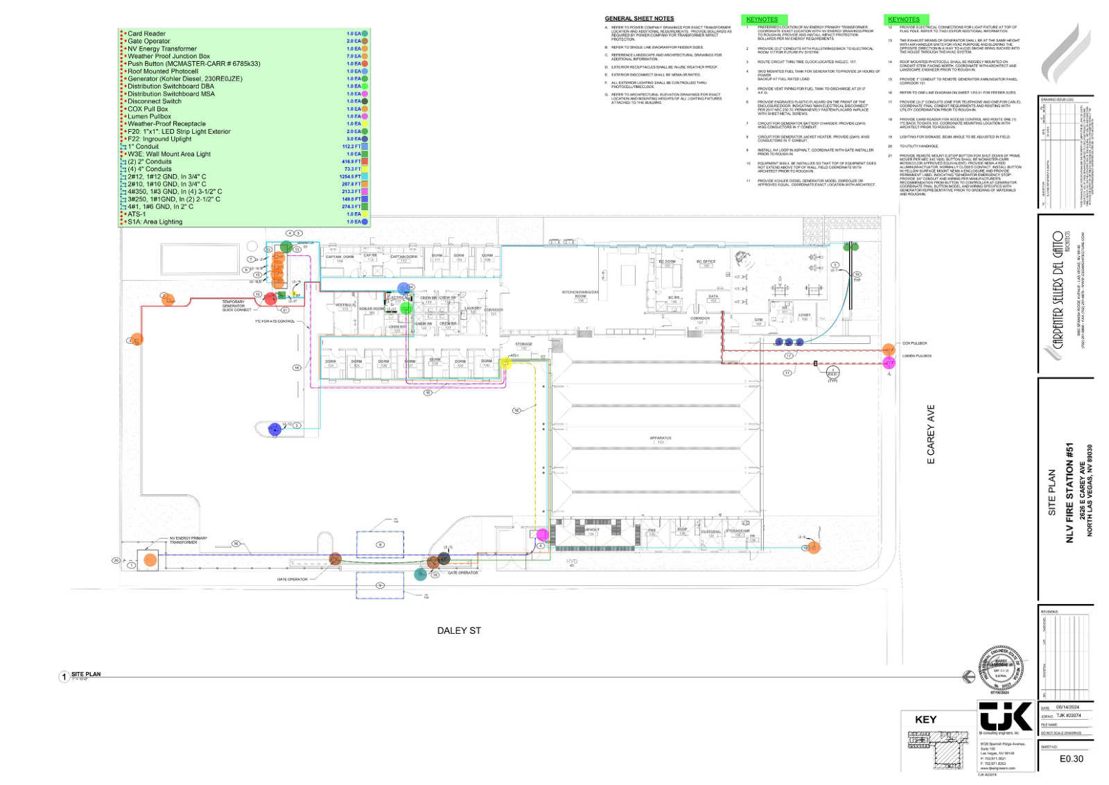 Color-coded conduit, feeder and electrical equipment takeoff on fire station sheet E0.30