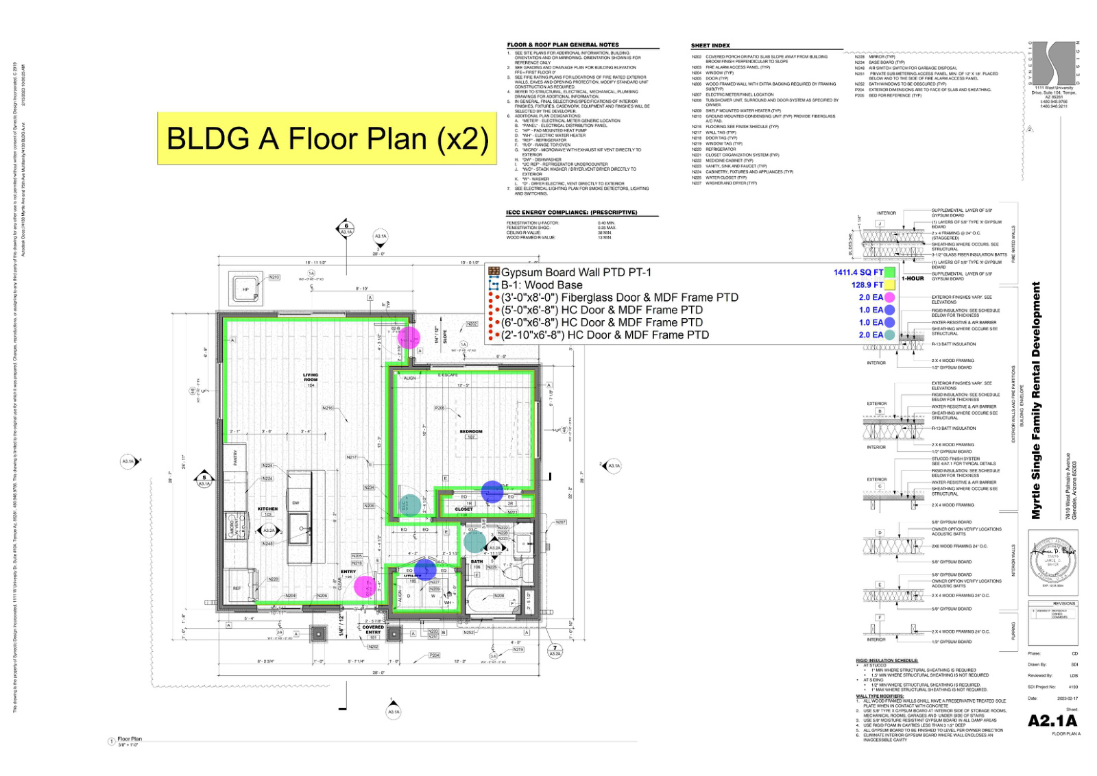 Painting takeoff with colored wall and door scope on Myrtle floor plan A2.1A