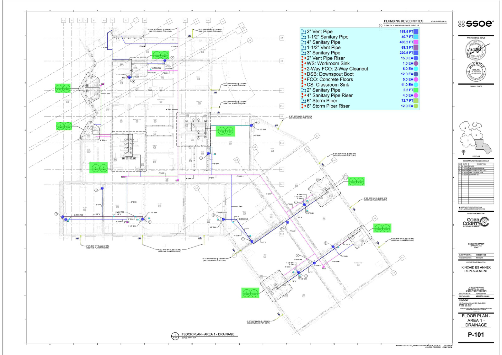Marked-up drainage piping and fixture counts on Kincaid sheet P-101