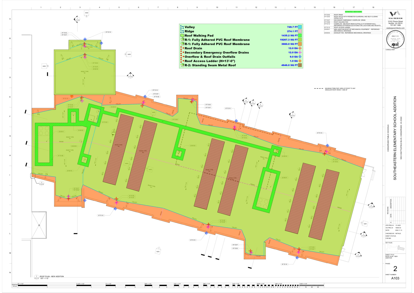 Color-coded roofing measurements on the addition roof plan, sheet A103