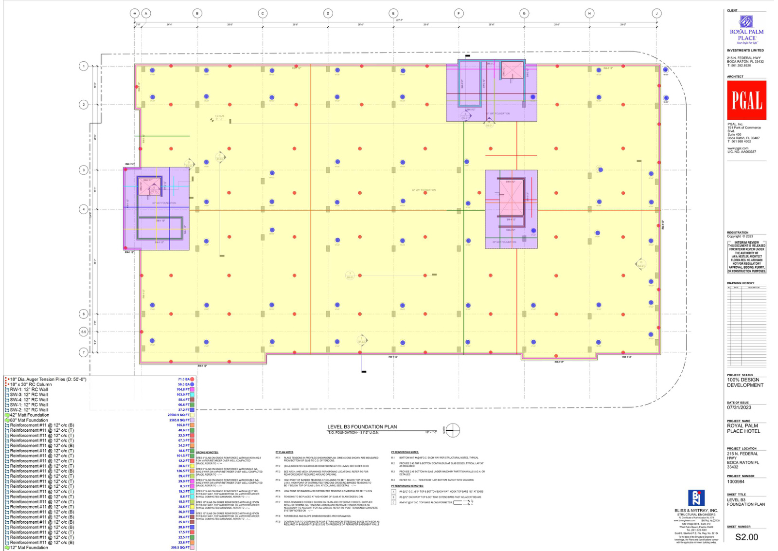 Hotel foundation, pile and reinforced concrete takeoff on sheet S2.00